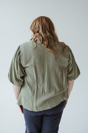 TEXTURED LONG CROP BLOUSE WITH BUBBLE SLEEVE IN DILL