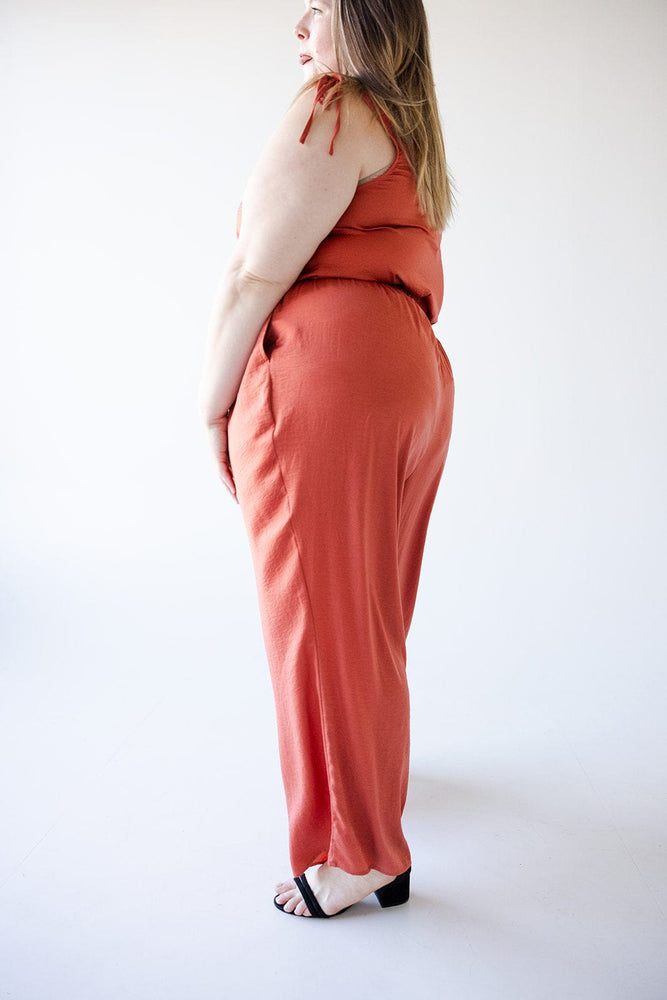 TEXTURED WIDE LEG SATIN PANTS IN COPPER