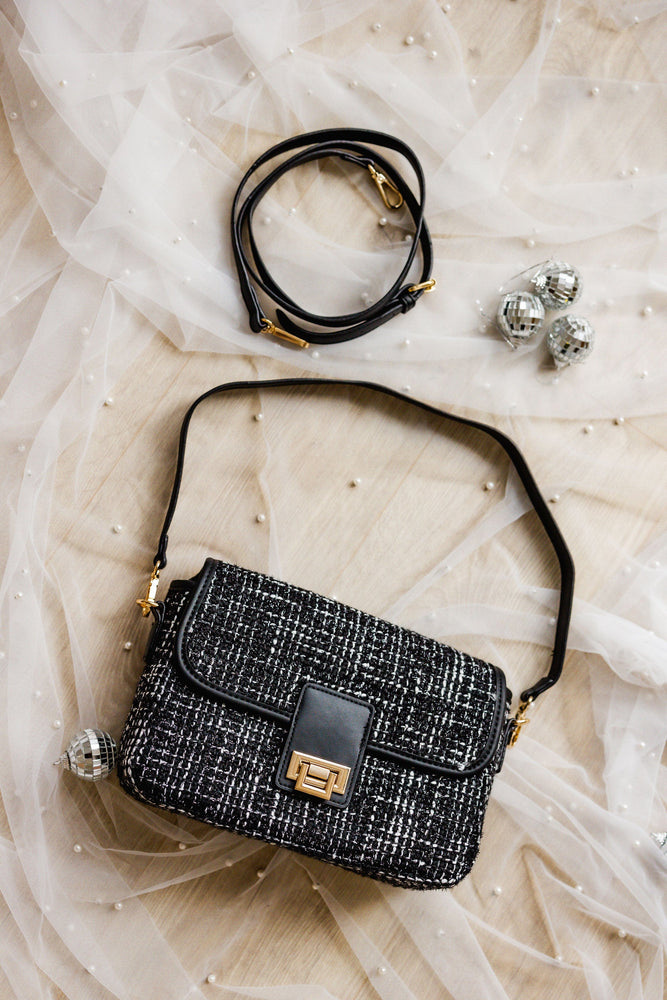 
            
                Load image into Gallery viewer, TWEED CROSSBODY IN SHIMMERY BLACK
            
        