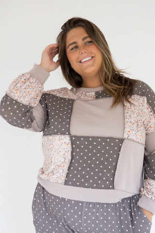 Taupe Floral Polka Dot Patchwork Pullover