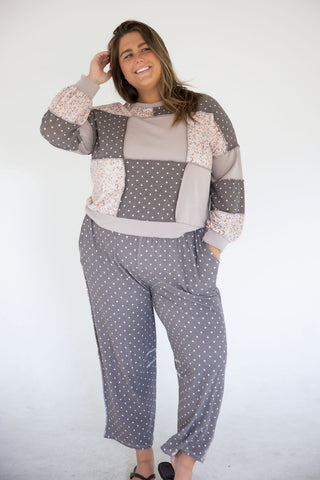 Taupe Floral Polka Dot Patchwork Pullover