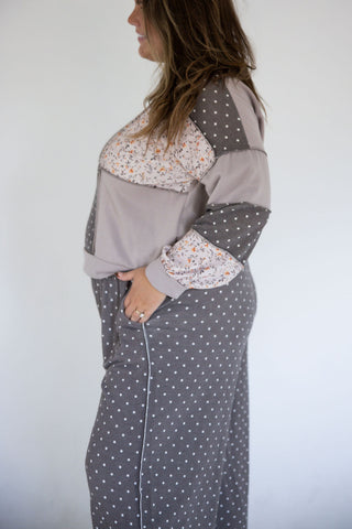 Taupe Floral Polka Dot Patchwork Pullover