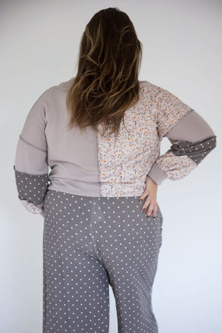 Taupe Floral Polka Dot Patchwork Pullover