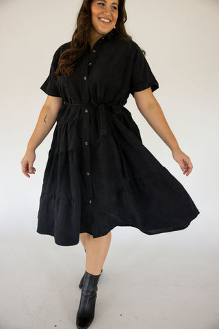 Textured Button-Front Fit & Flare Midi Dress – Black