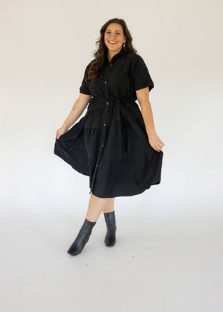 Textured Button-Front Fit & Flare Midi Dress – Black