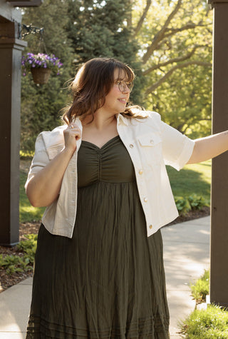 The Sculpted Short Sleeve Stretch Denim Jacket – Summer Ecru