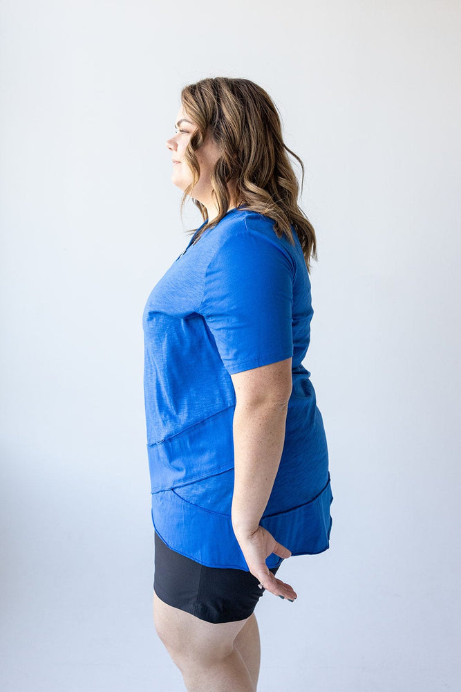 V-NECK TUNIC WITH RAW SEAM DETAIL IN DEEP COBALT