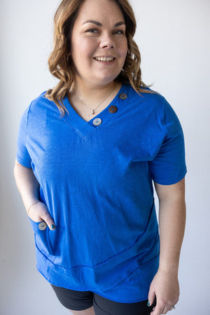 V-NECK TUNIC WITH RAW SEAM DETAIL IN DEEP COBALT