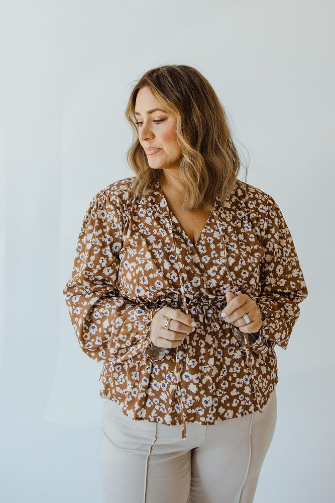 V-NECK LONG SLEEVE PEPLUM SHIRT IN ABSTRACT FLORAL