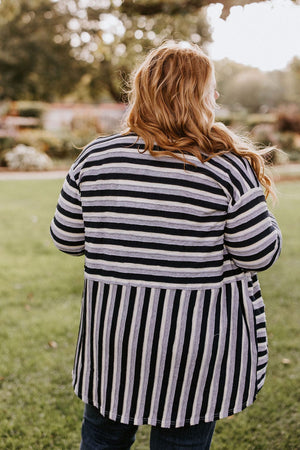 VARYING STRIPE BUTTON-UP BLOUSE IN NAVY
