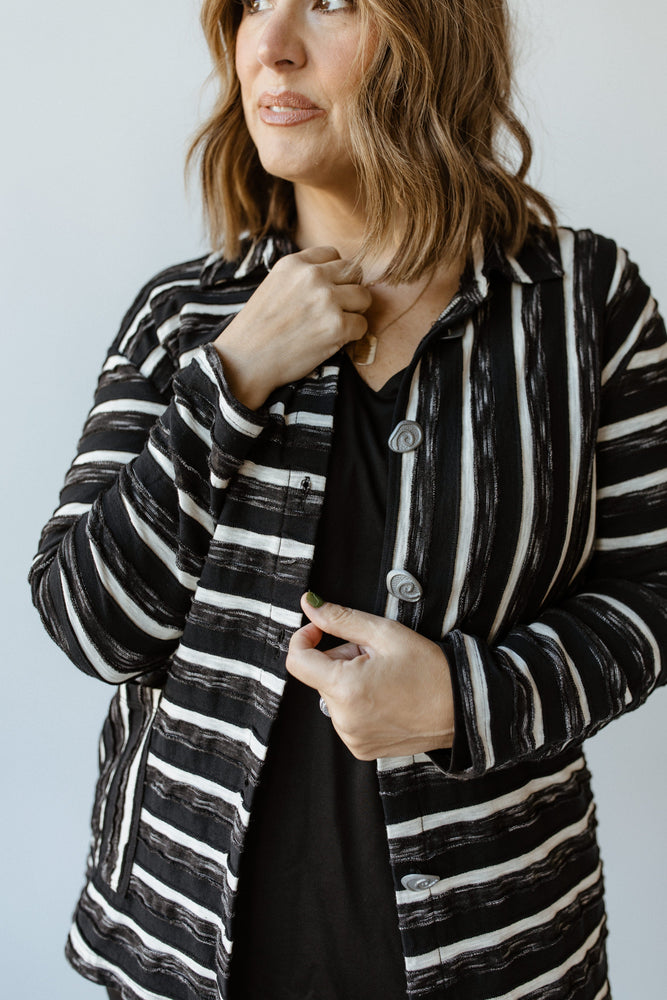 VARYING STRIPE BUTTON-UP BLOUSE IN BLACK