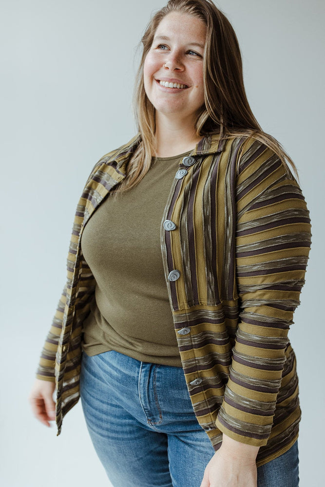 VARYING STRIPE BUTTON-UP BLOUSE IN KALE