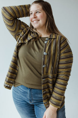 VARYING STRIPE BUTTON-UP BLOUSE IN KALE