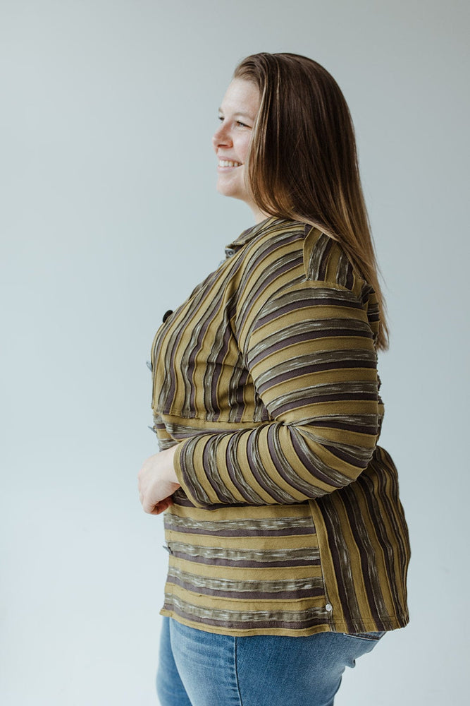 VARYING STRIPE BUTTON-UP BLOUSE IN KALE