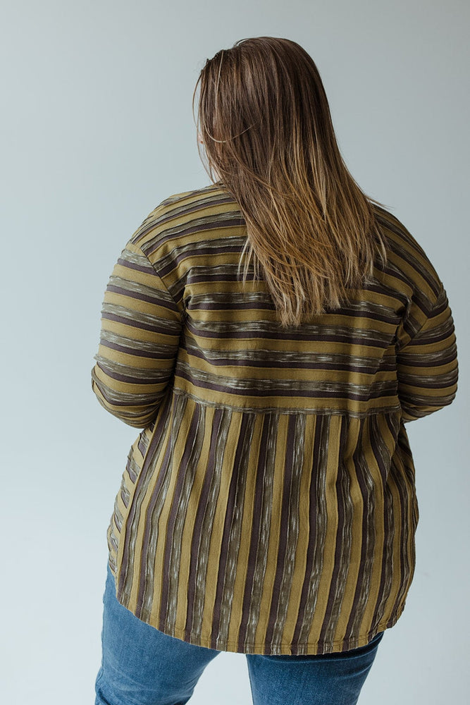 VARYING STRIPE BUTTON-UP BLOUSE IN KALE