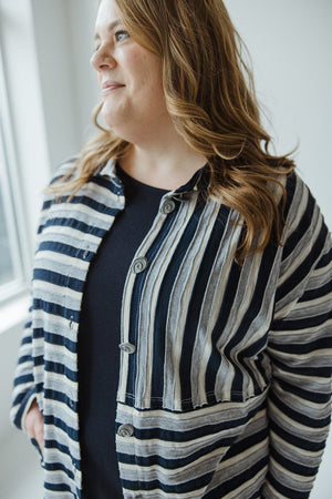 VARYING STRIPE BUTTON-UP BLOUSE IN NAVY