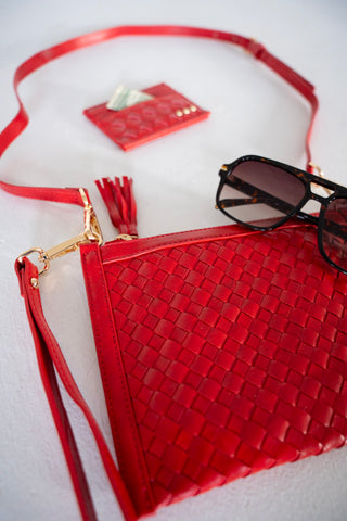 Woven Convertible Crossbody Clutch – Cherry Red