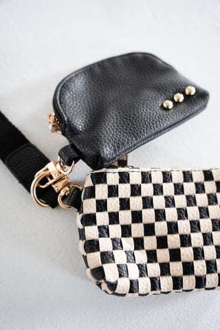 Woven Dual Pouch Wristlet – Black Checkered