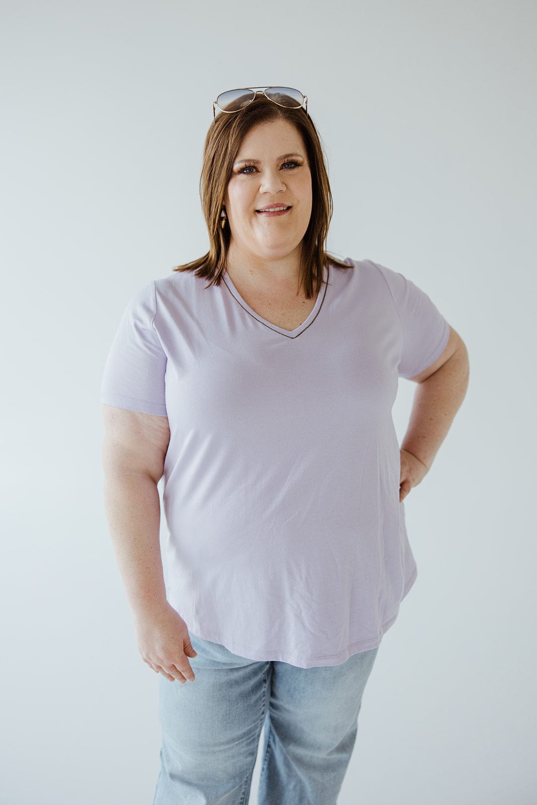 BASIC V - NECK TEE WITH SPARKLE IN FRESH LILAC - Love Marlow