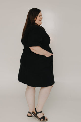 BELTED BLACK STRETCHY DENIM DRESS - Love Marlow