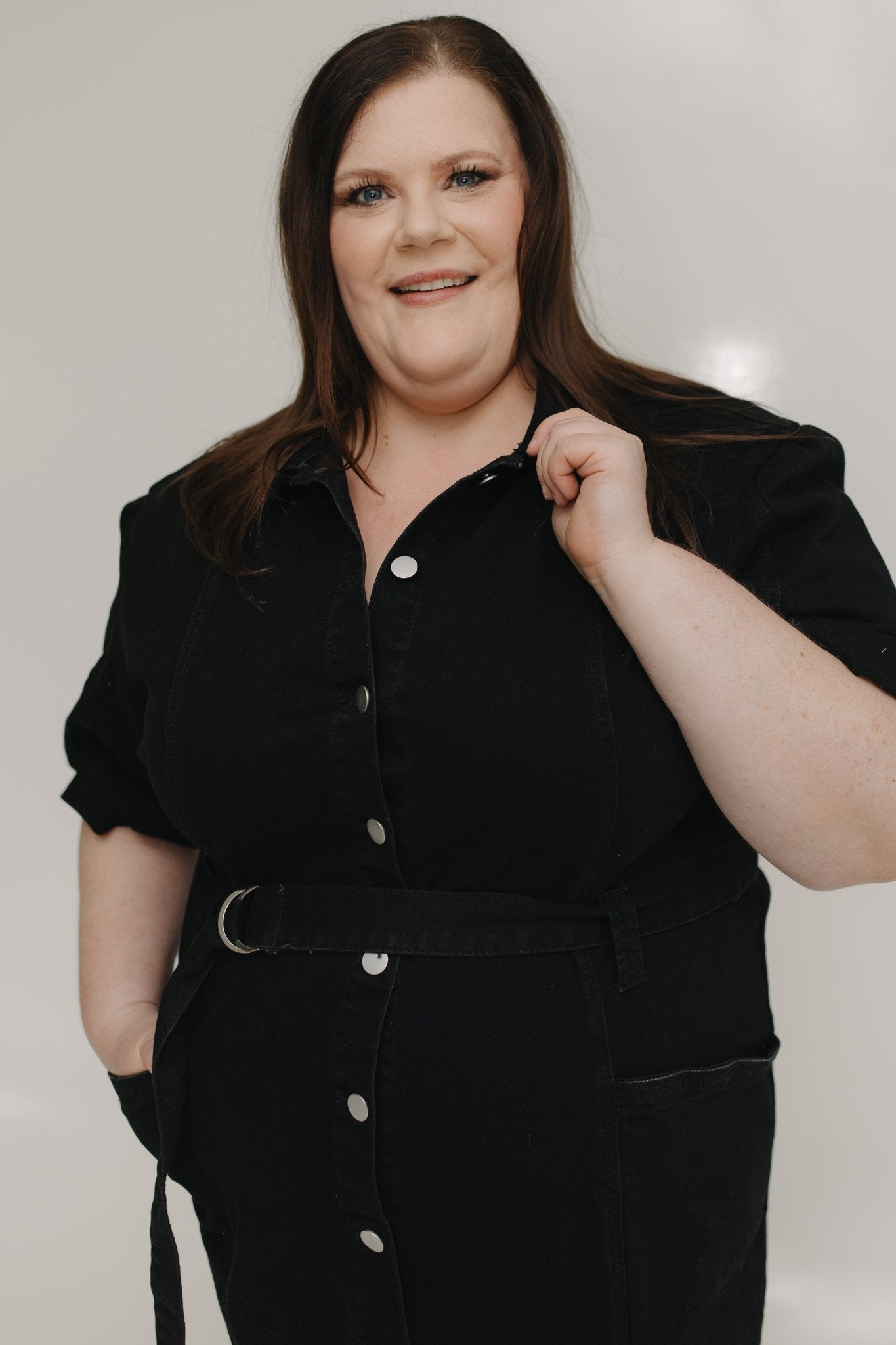 BELTED BLACK STRETCHY DENIM DRESS - Love Marlow