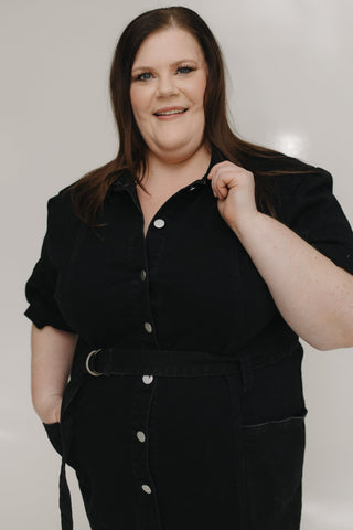BELTED BLACK STRETCHY DENIM DRESS - Love Marlow