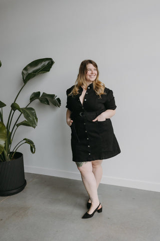 BELTED BLACK STRETCHY DENIM DRESS - Love Marlow