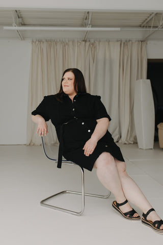 BELTED BLACK STRETCHY DENIM DRESS - Love Marlow