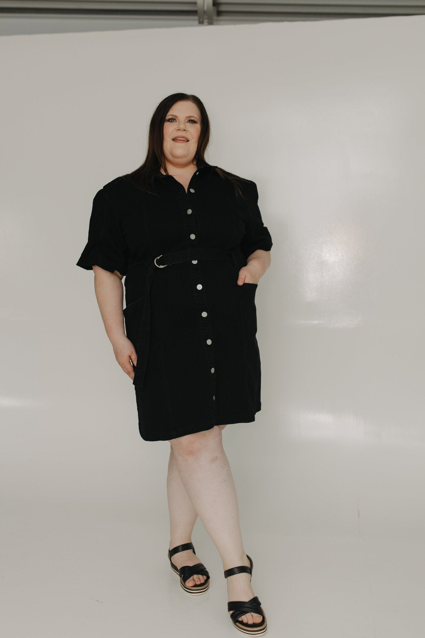BELTED BLACK STRETCHY DENIM DRESS - Love Marlow