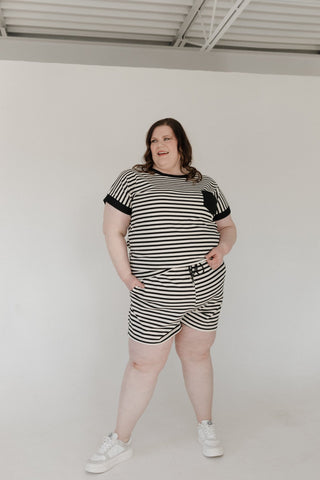 Black Accent Striped Drawstring Shorts - Love Marlow