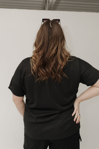 Black Double Button Ribbed V - Neck Boyfriend Tee - Love Marlow