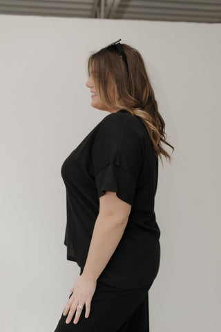 Black Double Button Ribbed V - Neck Boyfriend Tee - Love Marlow