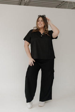 Black Double Button Ribbed V - Neck Boyfriend Tee - Love Marlow