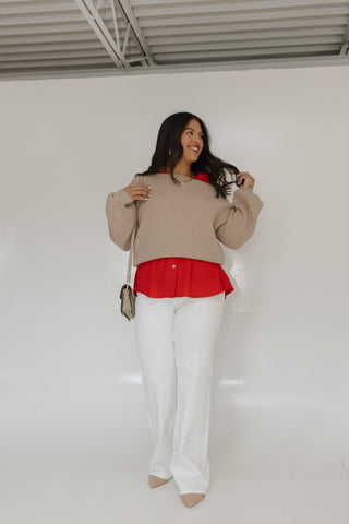 BLOUSON SLEEVE KNIT SWEATER IN FAWN - Love Marlow