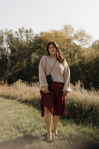 BLOUSON SLEEVE KNIT SWEATER IN FAWN - Love Marlow