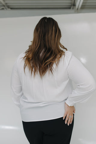 BLOUSON SLEEVE SMOCKED MANDARIN COLLAR V - NECK BLOUSE - Love Marlow