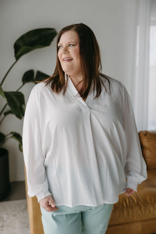 BLOUSON SLEEVE SMOCKED MANDARIN COLLAR V - NECK BLOUSE - Love Marlow