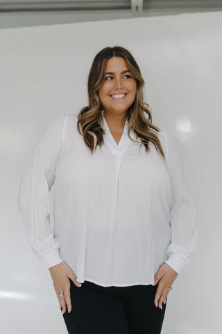 BLOUSON SLEEVE SMOCKED MANDARIN COLLAR V - NECK BLOUSE - Love Marlow