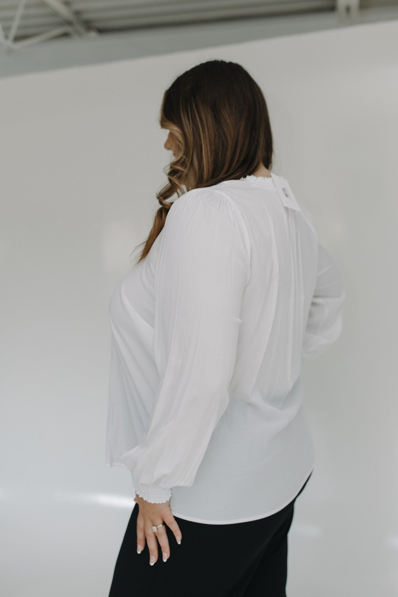 BLOUSON SLEEVE SMOCKED MANDARIN COLLAR V - NECK BLOUSE - Love Marlow