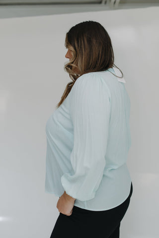 BLOUSON SLEEVE SMOCKED MANDARIN COLLAR V - NECK BLOUSE IN BEACH GLASS - Love Marlow