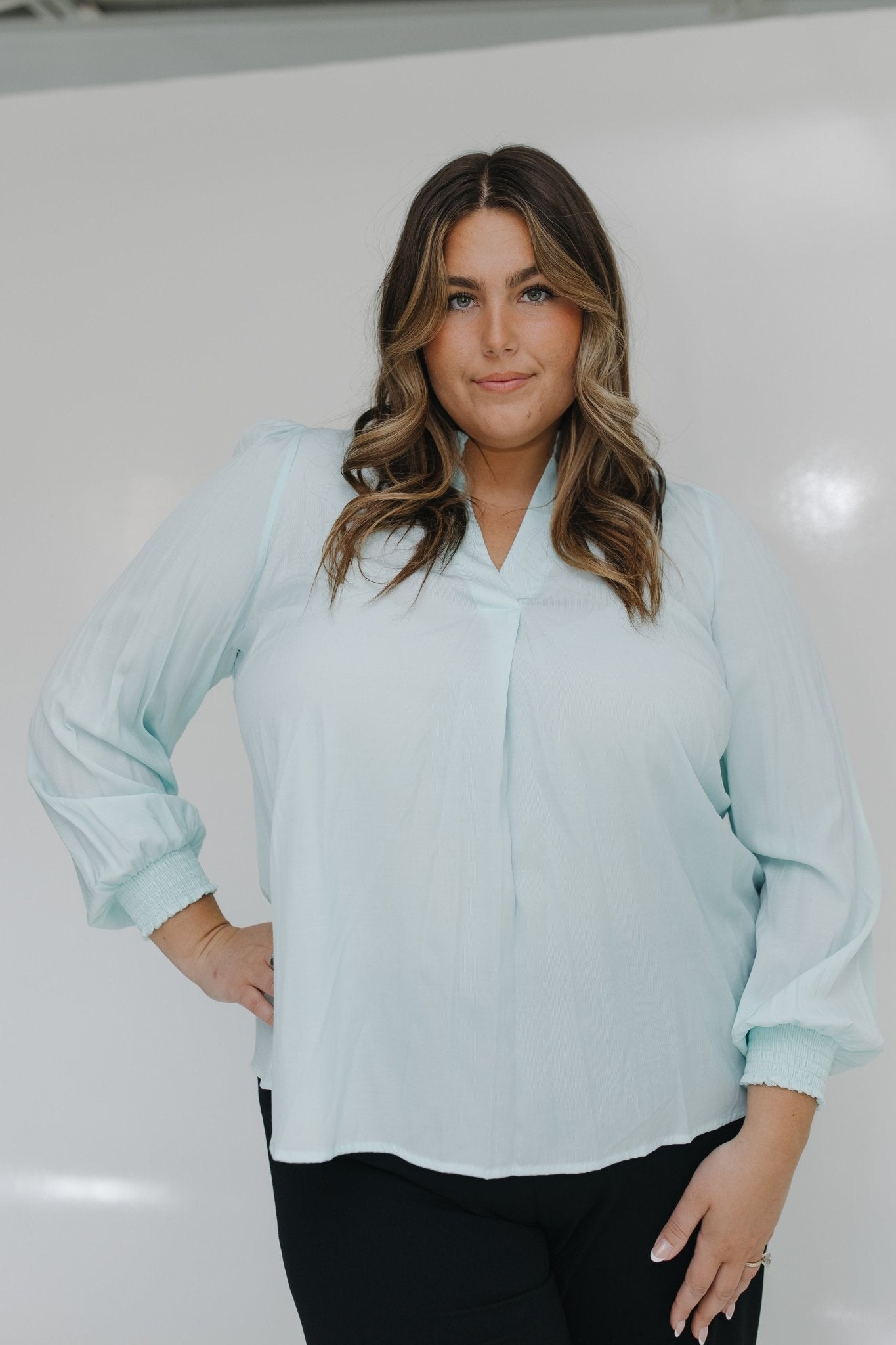 BLOUSON SLEEVE SMOCKED MANDARIN COLLAR V - NECK BLOUSE IN BEACH GLASS - Love Marlow