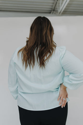 BLOUSON SLEEVE SMOCKED MANDARIN COLLAR V - NECK BLOUSE IN BEACH GLASS - Love Marlow