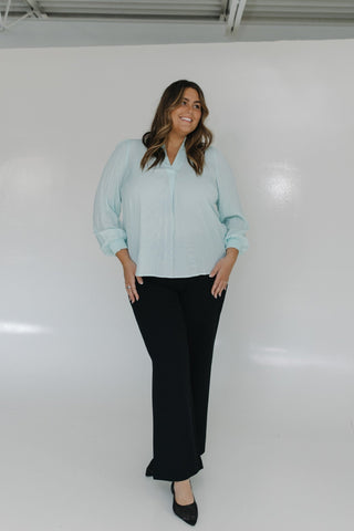 BLOUSON SLEEVE SMOCKED MANDARIN COLLAR V - NECK BLOUSE IN BEACH GLASS - Love Marlow