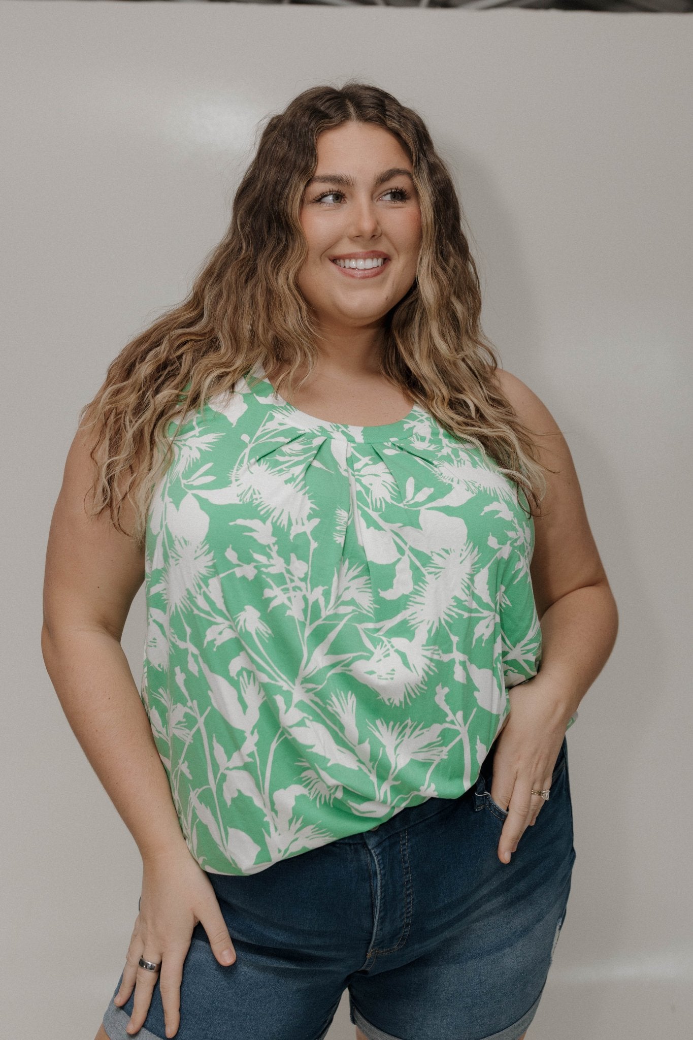 Bold Print Pleated Neckline Tank – Lime - Love Marlow
