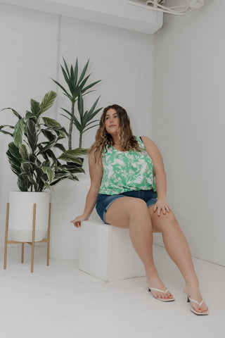 Bold Print Pleated Neckline Tank – Lime - Love Marlow