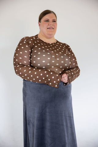 Brown Polka Dot Mesh Mock Neck Top - Love Marlow
