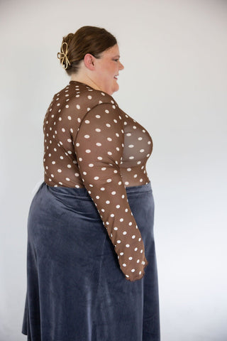 Brown Polka Dot Mesh Mock Neck Top - Love Marlow