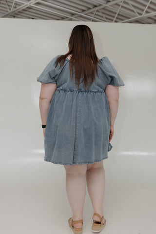 BUBBLE SLEEVE DENIM DRESS - Love Marlow