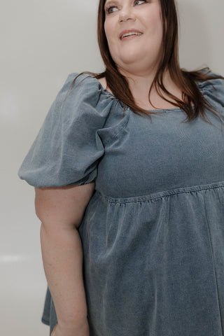 BUBBLE SLEEVE DENIM DRESS - Love Marlow