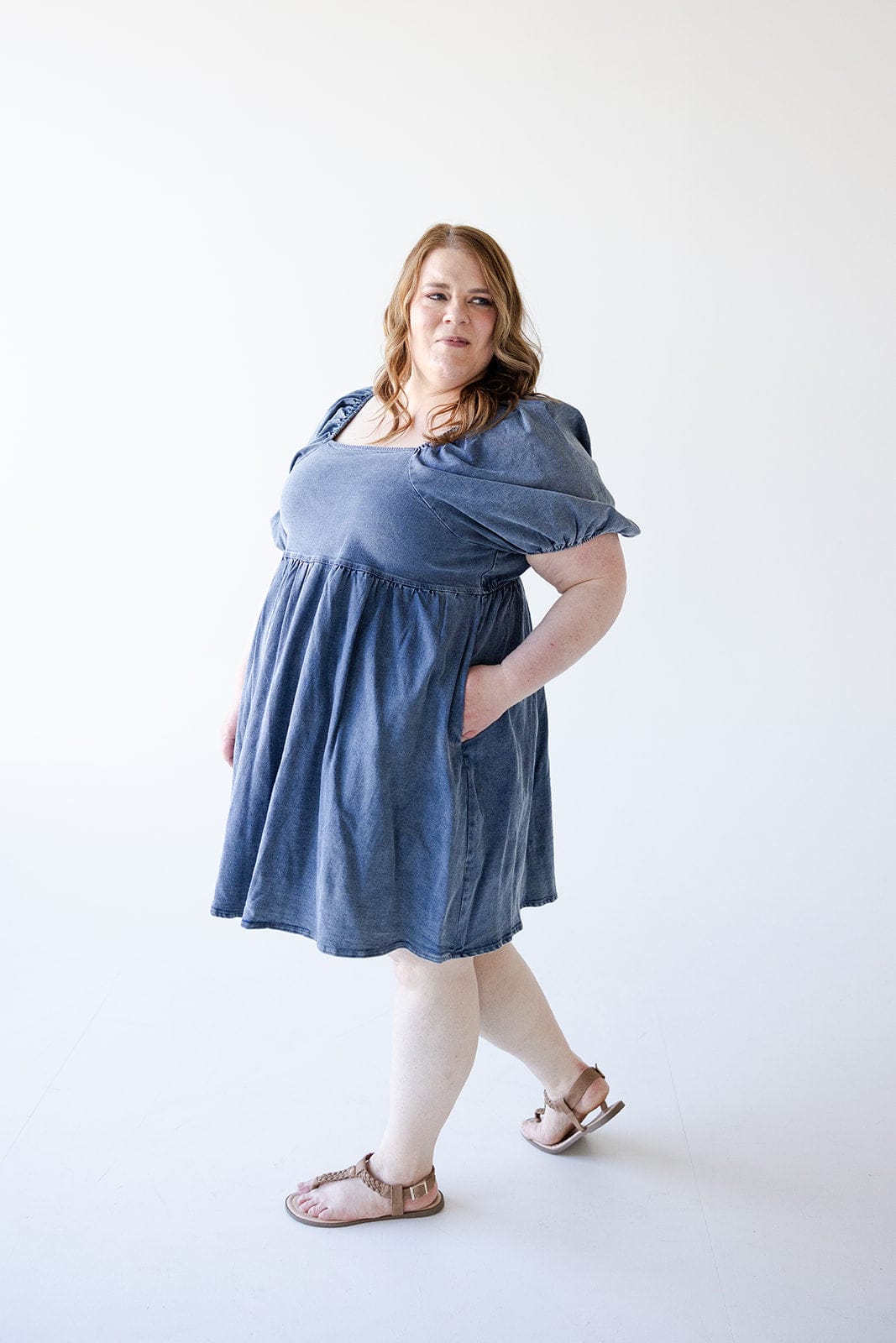 BUBBLE SLEEVE DENIM DRESS - Love Marlow